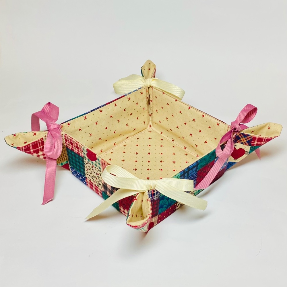 4.5” Square Reversible Folding Fabric Basket Trinket Tray Vide Pôche *NEW*VTG*